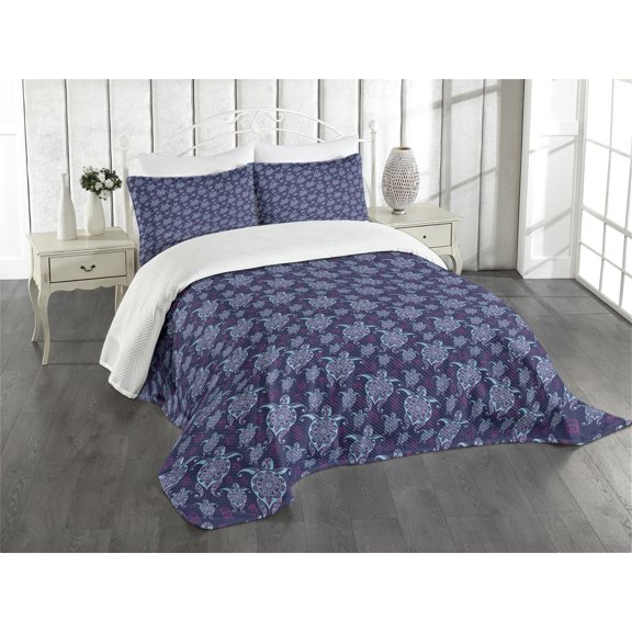 Ambesonne Turtle Quilted Bedspread Set 3 Pcs, Nautical Animals Maya, King Size, Purple Magenta and Aqua