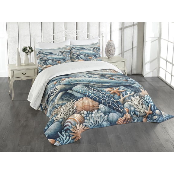 Ambesonne Turtle Quilted Bedspread Set 3 Pcs, Underwater Nautical Sea Art, King Size, Salmon and Sea Blue