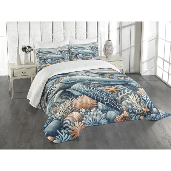 Ambesonne Turtle Quilted Bedspread Set 3 Pcs, Underwater Nautical Sea Art, Queen Size, Salmon and Sea Blue