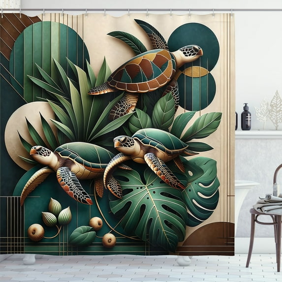 Ambesonne Turtle Shower Curtain, Mid Century Monstera Marine, 69"Wx75"L, Hunter Green Beige Brown