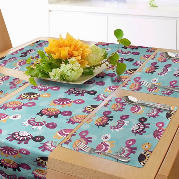 Ambesonne Turtle Table Runner & Placemats, Animals Ethnic, Placemat 4 pcs + Runner 14"x90", Multicolor Pale Blue