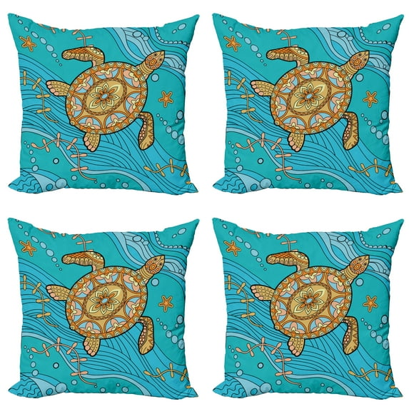 Ambesonne Turtle Throw Pillow Cover 4 Pack, Doodle Water, 16", Turquoise