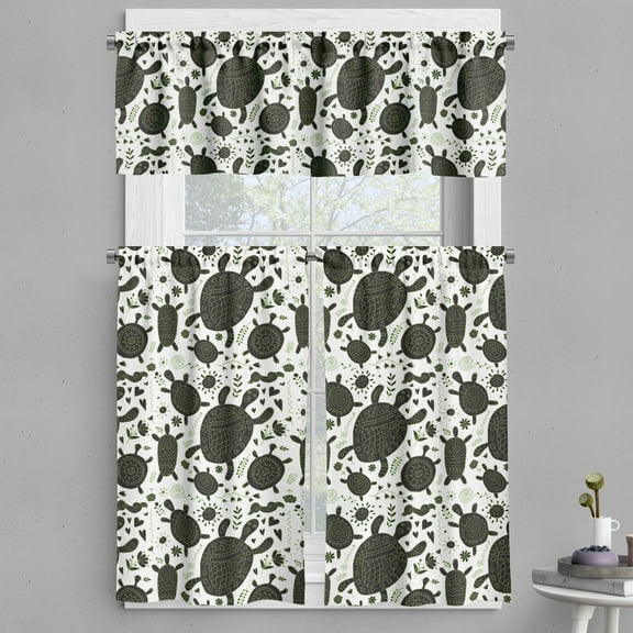 Ambesonne Turtle Valance & Curtain, Marine Animal Hearts Flowers, 55"x24", Charcoal Grey and Lime Green