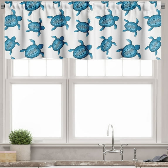 Ambesonne Turtle Valance Pack of 2, Aboriginal Art Sea Creature, 42"X12", Petrol Blue and White