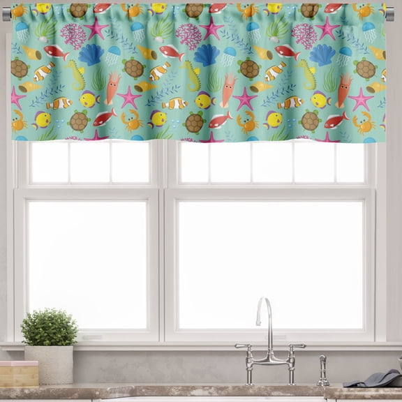 Ambesonne Turtle Valance Pack of 2, Colorful Sea Elements Scene, 54"X18", Seafoam and Multicolor
