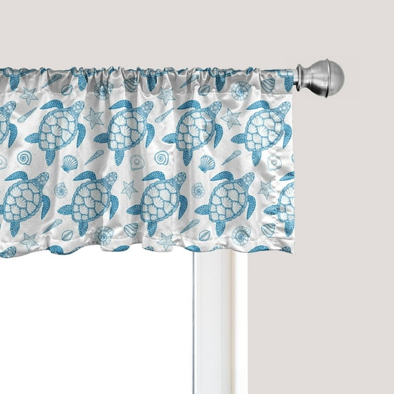 Ambesonne Turtle Window Valance, Subaquatic Animals Illustration Monochrome Sea Turtle and Shells Ocean Elements, Curtain Valance for Kitchen Bedroom Decor with Rod Pocket, 54" X 18", Blue and White