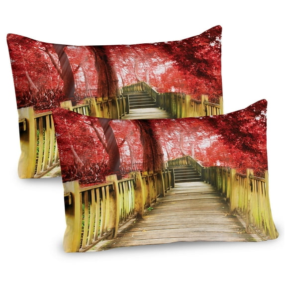 Ambesonne Tuscany Pillow Sham 2 Pack, Autumn Farmhouse Woods Park, 30"x20", Red Khaki