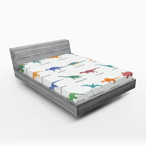 Ambesonne Tyrannosaurus Fitted Sheet 2 Pcs Set, Jurassic Fossil Dinos, California King, Multicolor