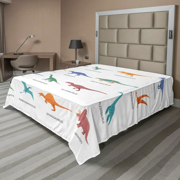 Ambesonne Tyrannosaurus Flat Sheet, Jurassic Fossil Dinos, King Size, Multicolor