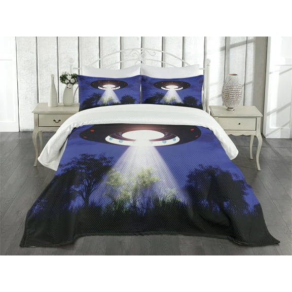 Ambesonne UFO Quilted Bedspread Set 3 Pcs, Night Scenery with Aliens Space, Queen Size, Multicolor