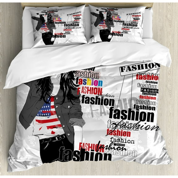 Ambesonne USA Duvet Cover Set, Modern Teen Girl USFlag, Queen, White Black Red