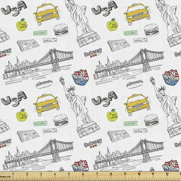 Ambesonne USA Fabric by the Yard Upholstery, Liberty Manhattan, 2 Yards, Yellow Grey White