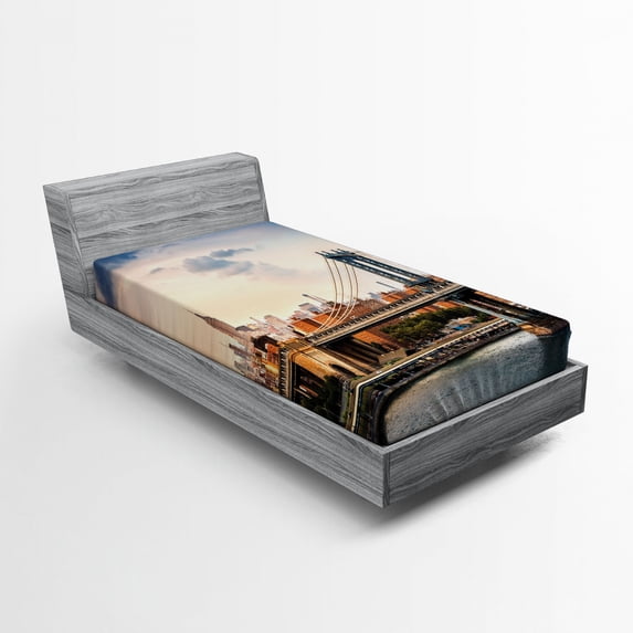 Ambesonne USA Fitted Sheet, Manhattan Bridge in NYC, Twin Size, Multicolor