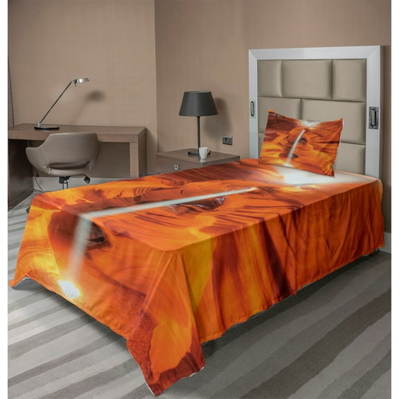Ambesonne USA Fitted & Top Sheet Set with Sham, Sandstone Sunbeam Canyon, Orange Yellow and White