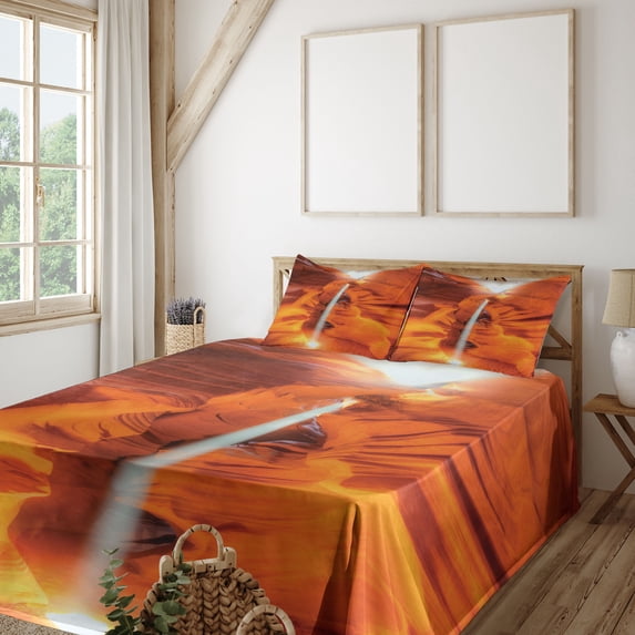 Ambesonne USA Fitted & Top Sheet Set with Shams, Sandstone Sunbeam Canyon, Orange Yellow and White