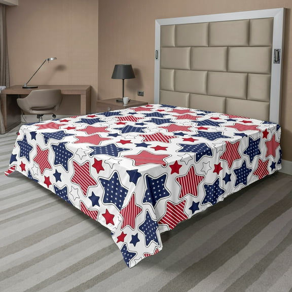 Ambesonne USA Flat Sheet, Star with Flags, California King, Indigo Red White