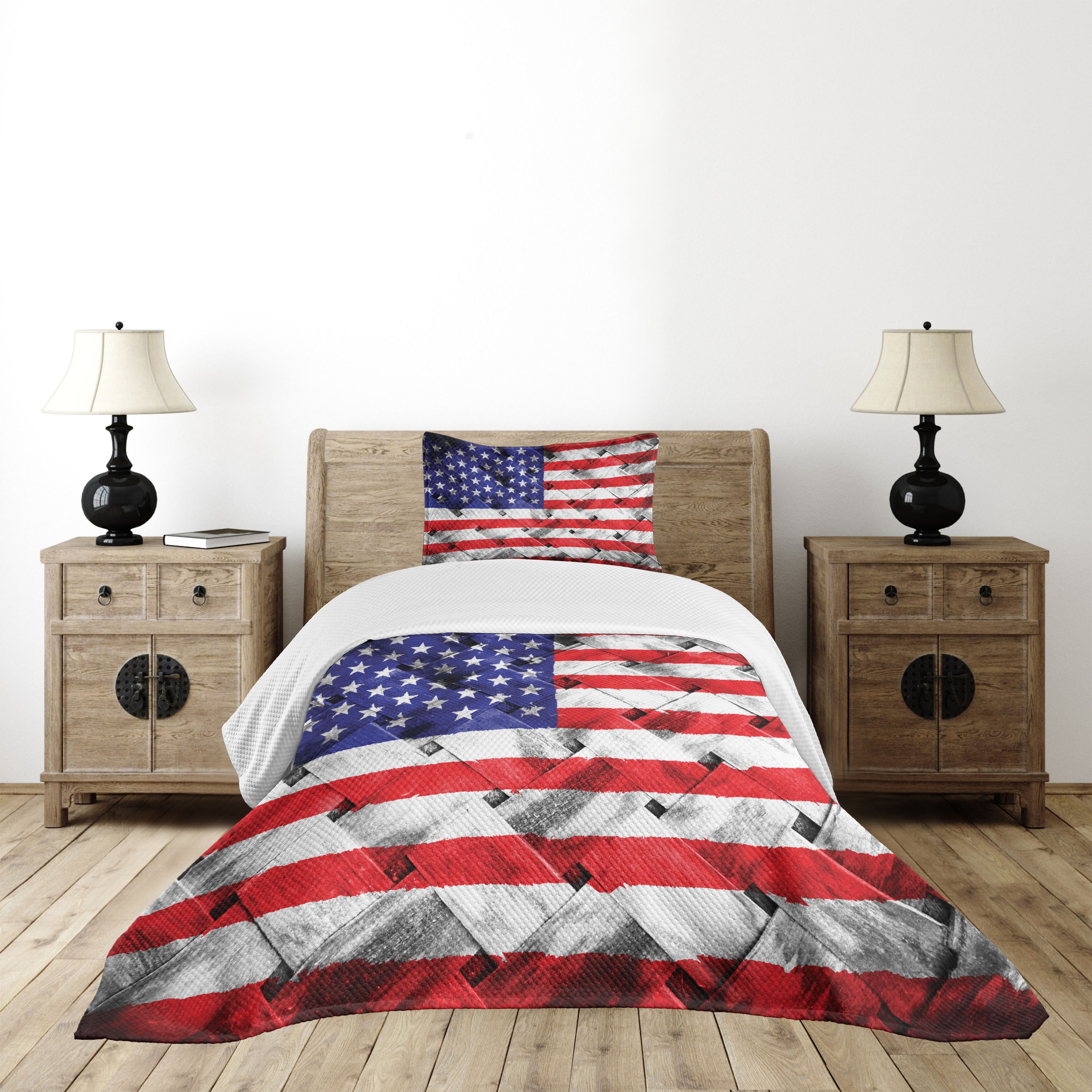 Patriotic American Flag Twin Bedspread Set in Red, White, and Blue