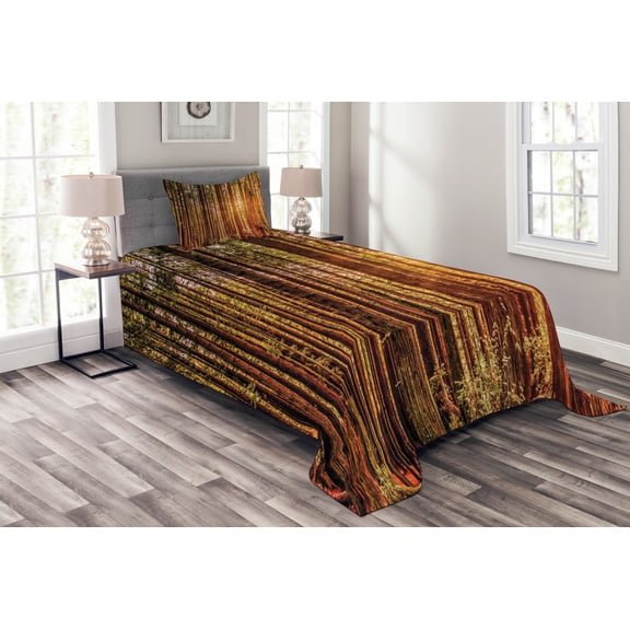Ambesonne USA Quilted Bedspread Set 2 Pcs, Redwoods Forestry, Twin Size, Orange Dark Brown Green