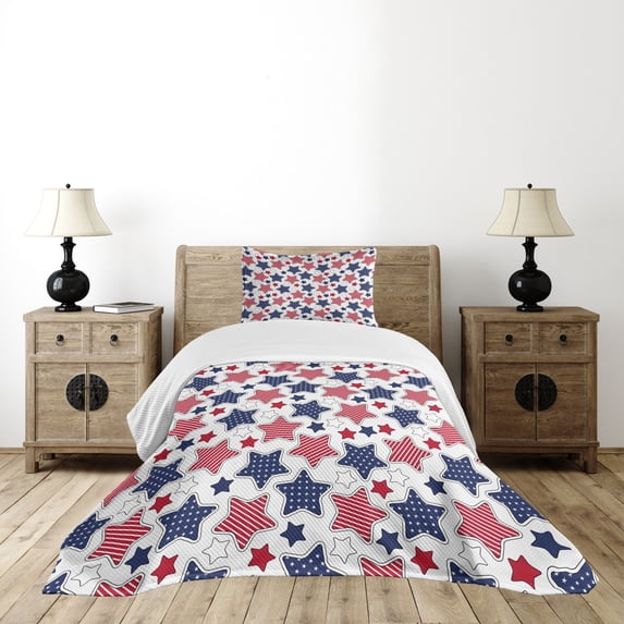 Ambesonne USA Quilted Bedspread Set 2 Pcs, Star with Flags, Twin Size, Indigo Red White