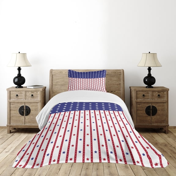 Ambesonne USA Quilted Bedspread Set 2 Pcs, Stars and Stripes Flag, Twin Size, Violet Blue Ruby White