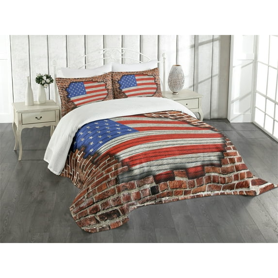 Ambesonne USA Quilted Bedspread Set 3 Pcs, American National Flag, Queen Size, Blue Red Brown