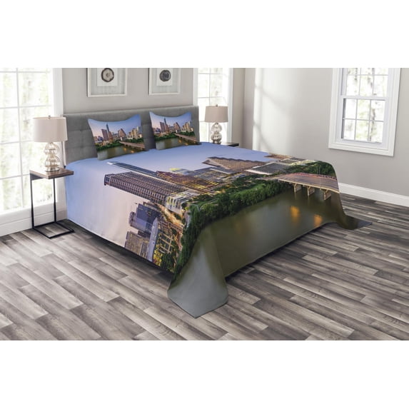 Ambesonne USA Quilted Bedspread Set 3 Pcs, Autin Texas City Bridge, Queen Size, Multicolor