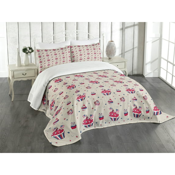 Ambesonne USA Quilted Bedspread Set 3 Pcs, Cupcakes with Flags, Queen Size, Beige Navy Blue Red