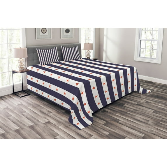 Ambesonne USA Quilted Bedspread Set 3 Pcs, Famous Day of United States, Queen Size, Indigo Red White