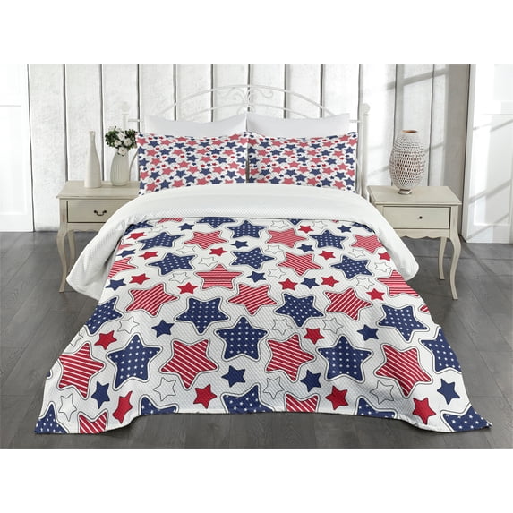 Ambesonne USA Quilted Bedspread Set 3 Pcs, Star with Flags, King Size, Indigo Red White