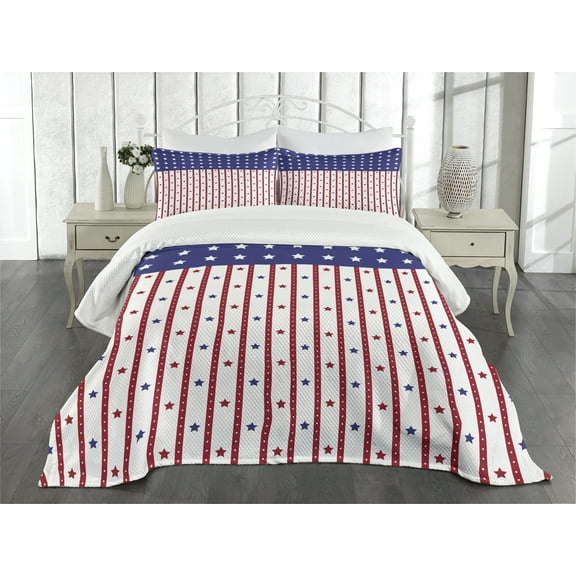 Ambesonne USA Quilted Bedspread Set 3 Pcs, Stars and Stripes Flag, Queen Size, Violet Blue Ruby White