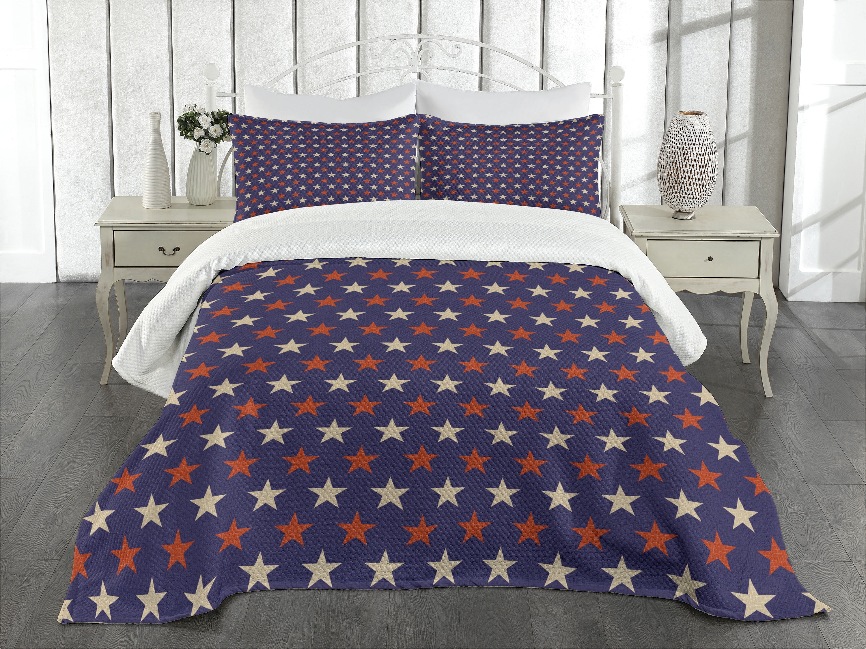 Queen Blue Quilted Bedspread Set with Stars