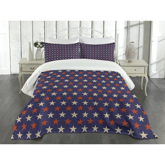 Ambesonne USA Quilted Bedspread Set 3 Pcs, Vintage Patriotic Colors, Queen Size, Dark Blue Cream Red