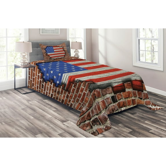 Ambesonne USA Quilted Coverlet 2 Pcs, American National Flag, Twin Size, Blue Red Brown