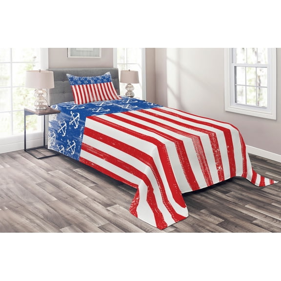 Ambesonne USA Quilted Coverlet 2 Pcs, Patriotic Grunge Flag Marine, Twin Size, Vermilion Cobalt Blue