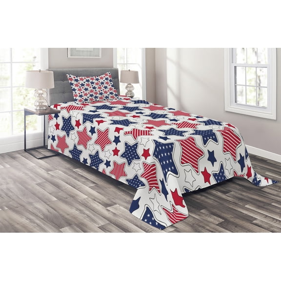 Ambesonne USA Quilted Coverlet 2 Pcs, Star with Flags, Twin Size, Indigo Red White