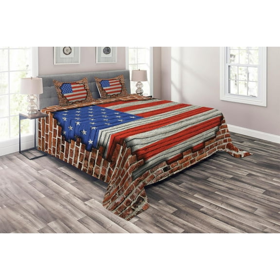 Ambesonne USA Quilted Coverlet 3 Pcs, American National Flag, King Size, Blue Red Brown