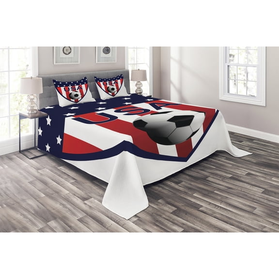 Ambesonne USA Quilted Coverlet 3 Pcs, Stars and Vertical Stripes, King Size, Vermilion Blue and White