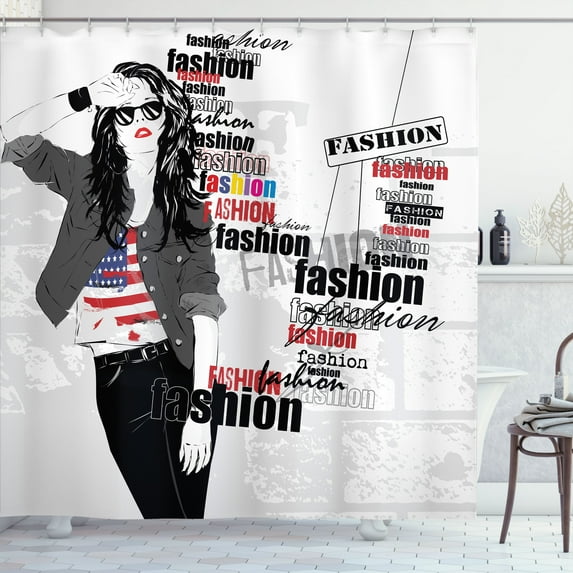 Ambesonne USA Shower Curtain, Modern Teen Girl USFlag, 69"Wx84"L, White Black Red