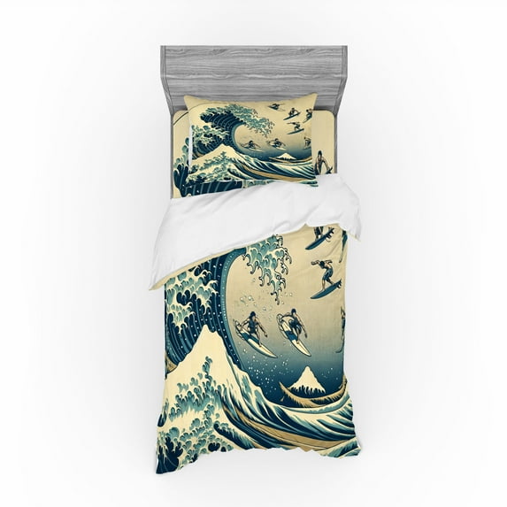 Ambesonne Ukiyo-e Wave Bedding Set 3 Pcs, Flying Surfers Asian, TwinXL, Navy Blue Ivory Seafoam