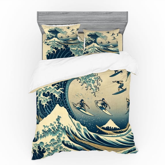 Ambesonne Ukiyo-e Wave Bedding Set 4 Pcs, Flying Surfers Asian, Queen, Navy Blue Ivory Seafoam