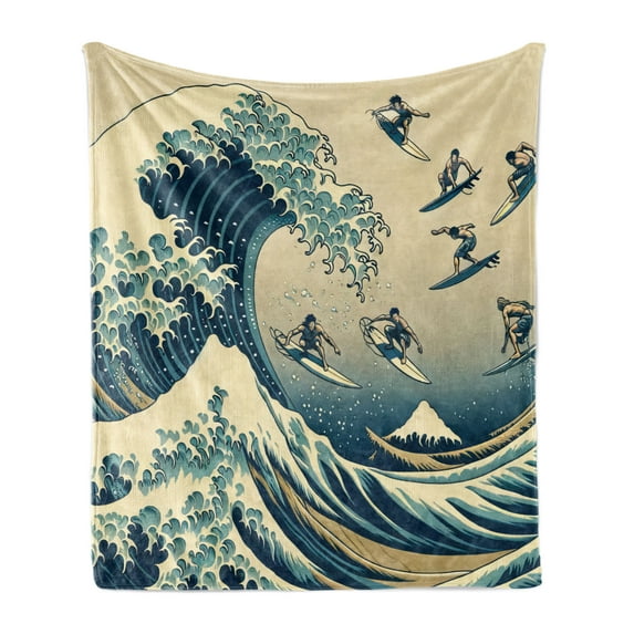 Ambesonne Ukiyo-e Wave Fleece Throw Blanket Flying Surfers Asian 50"x60" Navy Blue Ivory Seafoam