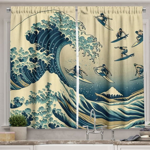 Ambesonne Ukiyo-e Wave Kitchen Curtains, Flying Surfers Asian, 55"x36", Navy Blue Ivory Seafoam