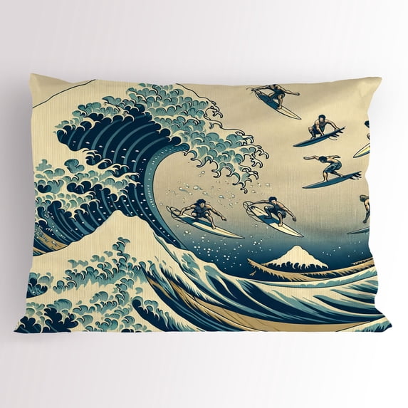 Ambesonne Ukiyo-e Wave Pillow Sham, Flying Surfers Asian, 26" X 20", Navy Blue Ivory Seafoam