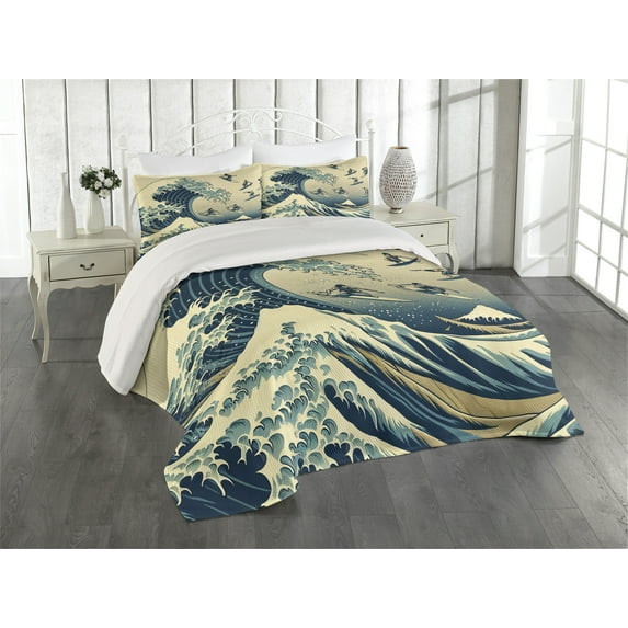 Ambesonne Ukiyo-e Wave Quilted Coverlet 3 Pcs, Flying Surfers Asian, Queen Size, Navy Blue Ivory Seafoam