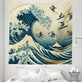 thumbnail image 1 of Ambesonne Ukiyo-e Wave Tapestry Queen Size, Flying Surfers Asian, 88"x88", Navy Blue Ivory Seafoam, 1 of 2