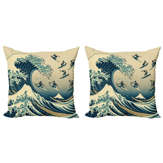 Ambesonne Ukiyo-e Wave Throw Pillow Cover 2 Pack, Flying Surfers Asian, 16", Navy Blue Ivory Seafoam