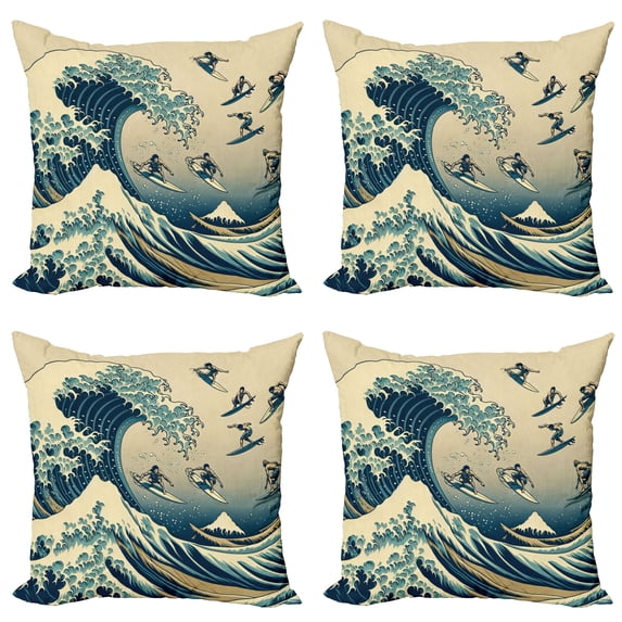 Ambesonne Ukiyo-e Wave Throw Pillow Cover 4 Pack, Flying Surfers Asian, 16", Navy Blue Ivory Seafoam