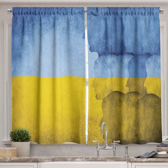 Ambesonne Ukraine Kitchen Curtains, People's Silhouettes Art, 55"x30", Ceil Blue Earth Yellow