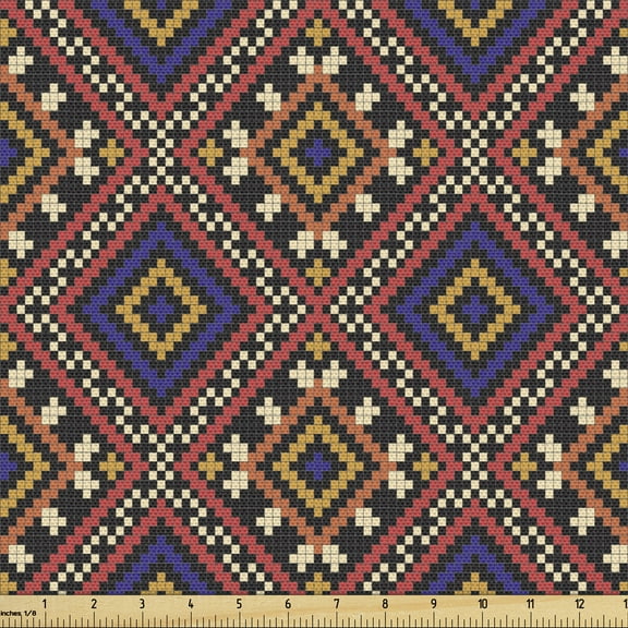 Ambesonne Ukrainian Fabric by the Yard Upholstery, Traditional Geometric, 10 Yards, Multicolor