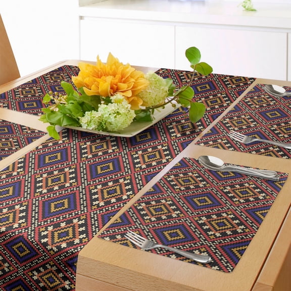 Ambesonne Ukrainian Table Runner & Placemats, Traditional Geometric, Placemat 4 pcs + Runner 16"x90", Multicolor
